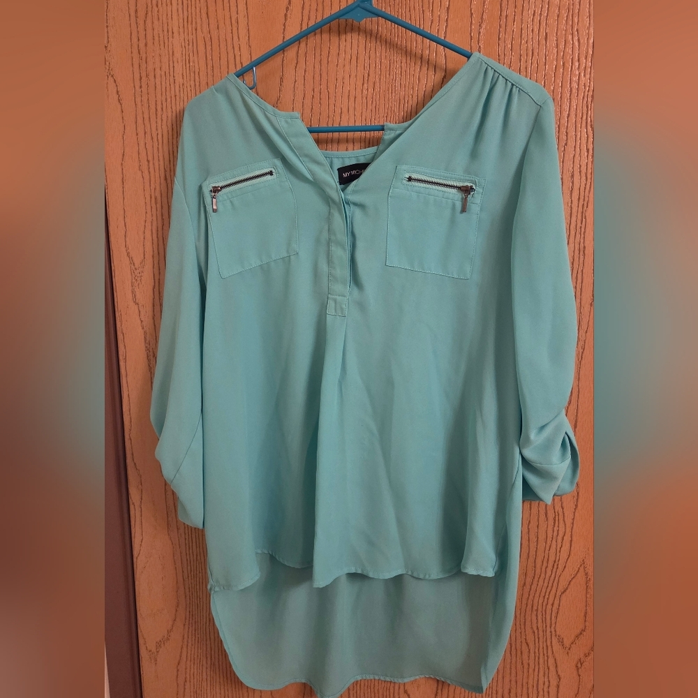 My Michelle Teal Blouse with Zipper Accents